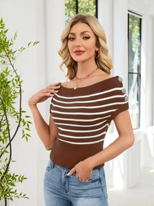 Off-the-shoulder brown and white striped knit top with decorative shoulder buttons