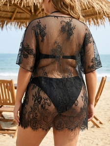 Haut de plage en dentelle noire pour femme avec broderie florale et coupe décontractée