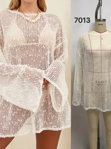 Cache-Maillot de Plage pour Femmes en Maille Crochet Transparente avec Paillettes Manches Longues Fente Latérale Vacances