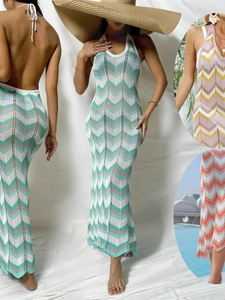 Robe Maxi en Crochet Sexy Dos Nu pour Femmes avec Rayures Bohémiennes Tricotées Couverture de Plage pour Vacances d'Été et Fête