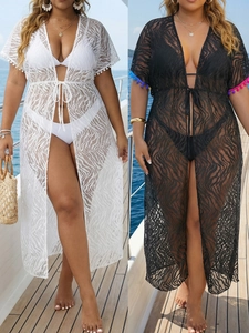 Sexy Lace Deep V-Neck Beach Cover Up Cardigan With Pom Pom Trim Semi-Sheer Bikini Slit Swimsuit Wrap For Women Vacation