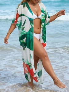 Cárdigan largo de playa bohemio con estampado de palmeras tropicales y flores rojas