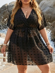 Plus size black sheer V-neck beach cover-up dress with jacquard dot texture and waist tie