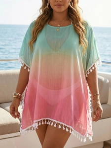 Cache-maillot de plage grande taille pour femme avec dégradé et glands blancs élégants
