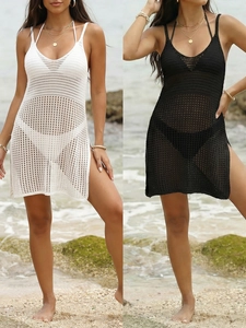 Robe Cache-maillot de Plage Sexy au Crochet Col en V pour Femme Ajouré Bretelles Spaghetti Tricoté Mini Robe d'Été Vacances