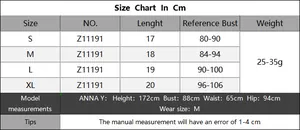 Detailed size chart for women's bikini top showing length and bust measurements in centimeters