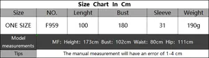 Size chart detail for oversized crochet beach dress showing dimensions in centimeters