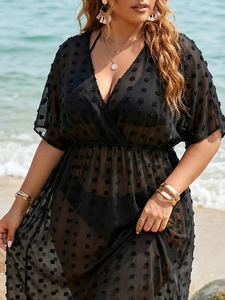 Women's black V-neck Swiss dot sheer beach cover-up dress with tie waist detail