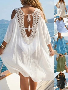 Sexy Women Crochet Beach Cover Up Cold Shoulder Backless Hollow Out Tassel Summer Resort Plus Size Swimsuit Coverup Dress