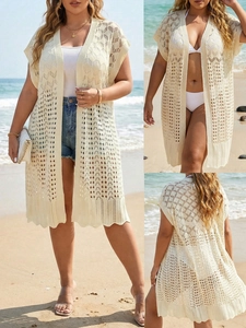 Plus Size Women Crochet Hollow Out Beach Cover Up Sexy Knit Cardigan V Neck Mid Length Sunscreen Vacation Bathing Suit Wrap