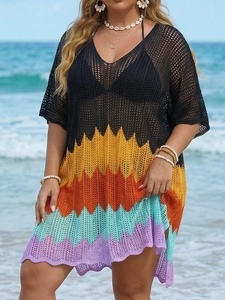 Detailed view of the chevron crochet pattern on a colorful V-neck beach dress