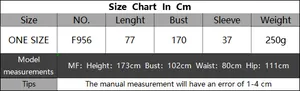 Tabella taglie per copricostume oversize con misure e dati del modello in cm