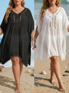 Sortie de Plage Grande Taille Femme Crochet Ajouré Pom Pom Col V Ample Transparent Gland Caftan Été Vacances Robe Haut