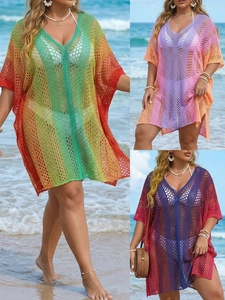 Copricostume da Mare all'Uncinetto da Donna Scollo a V Sfumato a Righe Traforato in Maglia Larga per Vacanze