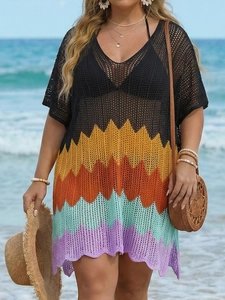 Detailed knit texture of plus size crochet beach cover up with colorful wave patterns