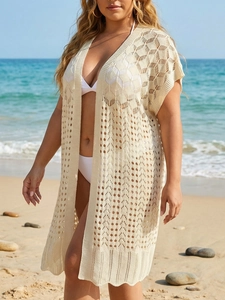 Women's off-white crochet knit beach cover-up cardigan with openwork pattern and wavy hem
