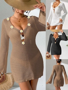 Women Sexy Deep V Hollow Out Flare Sleeve Crochet Beach Cover-up Daisy Flower Mini Dress Bohemian Vacation Knitwear Top