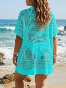 Copricostume da spiaggia all'uncinetto ciano brillante con design traforato vista posteriore