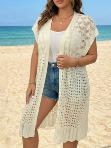 Women's crochet hollow beach cover up knit cardigan in cream white for summer