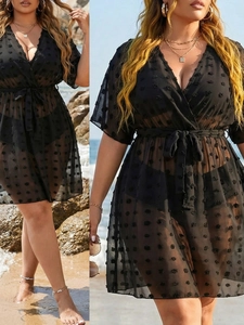 Plus Size Women Deep V Neck Swiss Dot Chiffon Beach Cover Up Dress Tied Waist Short Sleeve Bikini Swimwear Bathing Suit Wrap