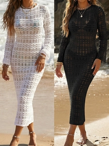 Women Hollow Out Crochet Beach Cover Up Maxi Dress Sexy Backless Long Sleeve Polyester Vacation Swimwear Long Skirt