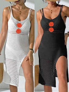 Women Sexy Crochet Hollow Out Beach Dress Side Slit Spaghetti Strap Bikini Cover Up With 3D Floral Decoration Summer Midi Dress