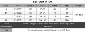 Detailed size chart in cm for V-neck halter knitted dress with model measurements