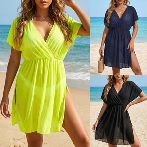 Detail of sheer V-neck beach cover-ups with waist tie and high side slits in neon and navy