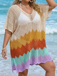 Crochet beach cover up dress with colorful wave patterns and sexy hollow out knit design