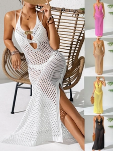 Women Halter Crochet Beach Cover Up Dress Hollow Out Knit Side Slit Backless Maxi Dress With Metal Shell Buckle Vacation