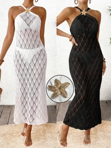 Women's Sexy Hollow Out Crochet Beach Dress Halter Neck Starfish Decor Backless Sleeveless Summer Vacation Cover Up Dress