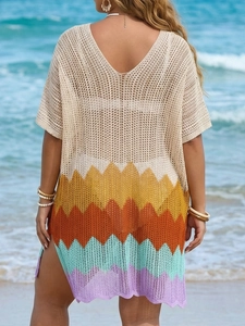 Sexy crochet beach dress with zigzag color block patterns and hollow knit design