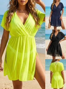 Sexy Deep V Neck Mesh Beach Cover Up Dress For Women Translucent High Waist Side Slit Short Sleeve Vacation Swimwear Dress