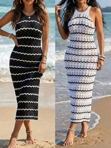 Robe Longue Sexy pour Femmes en Tricot au Crochet à Rayures Dos Nu Ajouré Cache-Maillot de Plage sans Manches Coupe Ajustée