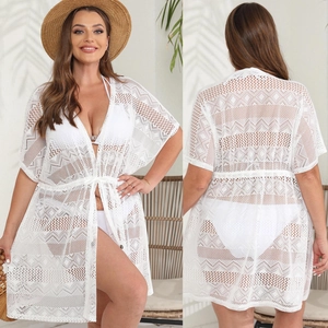 Front and back view of white lace beach cover-up with drawstring waist and sheer details