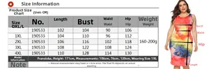 Size chart for plus size tie-dye bodycon dress showing measurements from 0XL to 4XL