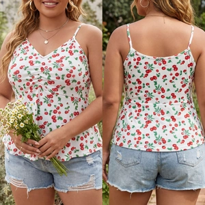 Front and back detail of white plus size cherry print camisole with V-neck and spaghetti straps
