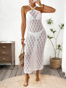 White crochet backless halter mini dress with star fish accent for beach cover-up