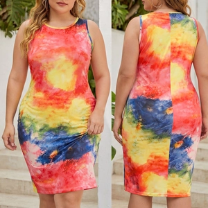 Front and back views of vibrant tie-dye sleeveless plus size bodycon summer dress