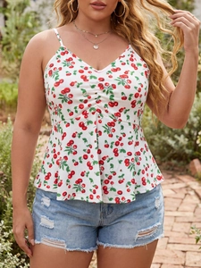 Women's white camisole top with cherry print and blue ripped denim shorts set