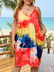 Women sexy plus size tie-dye slip dress with colorful print and side pockets for vacation