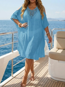 Sky blue crochet V-neck beach cover-up dress with cold shoulder and loose silhouette
