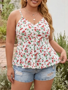 Plus size summer tank top with cherry print and V-neckline on a white background