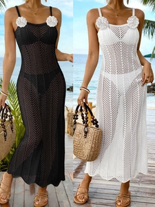 Women Crochet Hollow Out Beach Maxi Dress Sexy 3D Flower Strap Knit Swimwear Cover Up Vacation Slim Fit Long Dress