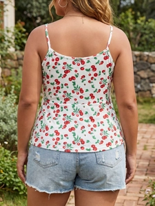 Back view of white summer camisole for women featuring red cherry prints and thin straps