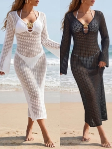 Women Hollow Out Crochet Beach Cover Up Maxi Dress Deep V Neck Metal Starfish Decoration Long Sleeve Sexy Resort Swimwear
