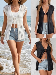 Women's Sexy Hollow Out Crochet Beach Cover-Up V-Neck Tie-Front Sleeveless Knitted Vest Bohemian Vacation Sun Protection Top