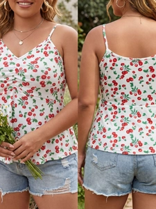 Plus Size Women Cherry Print Camisole V Neck Ruffle Hem Tank Top Sweet Summer Sleeveless Polyester Ribbed Vest For Ladies
