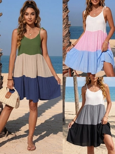 Robe à Bretelles pour Femmes avec Blocs de Couleurs Design à Étages Col en V Sans Manches Coupe en A Robe de Plage Été