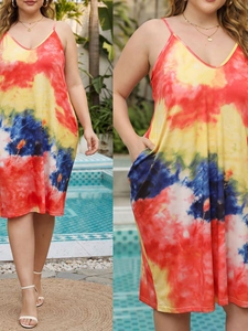 Women's Plus Size Tie-Dye Camisole Dress V-Neck Irregular Hem With Pockets Loose Vacation Sleeveless Sundress